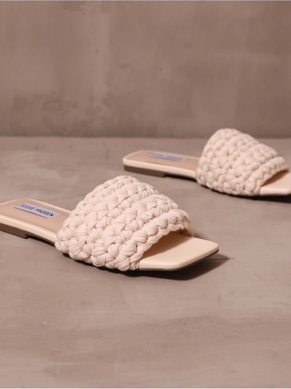 Woven Slide Sandals with Leather Footbed - Cream
